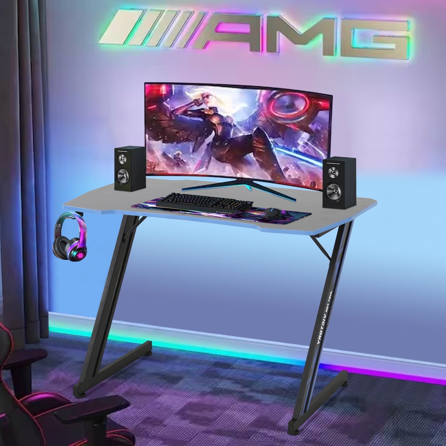 47" Z-Shaped Gaming Desk – Ergonomic PC Computer Table with Headphone Hook (Blue)