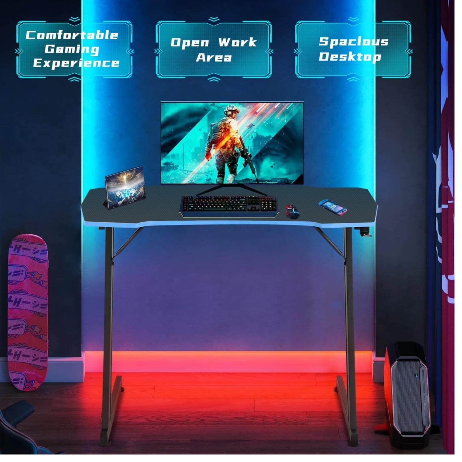 47" Z-Shaped Gaming Desk – Ergonomic PC Computer Table with Headphone Hook (Blue)