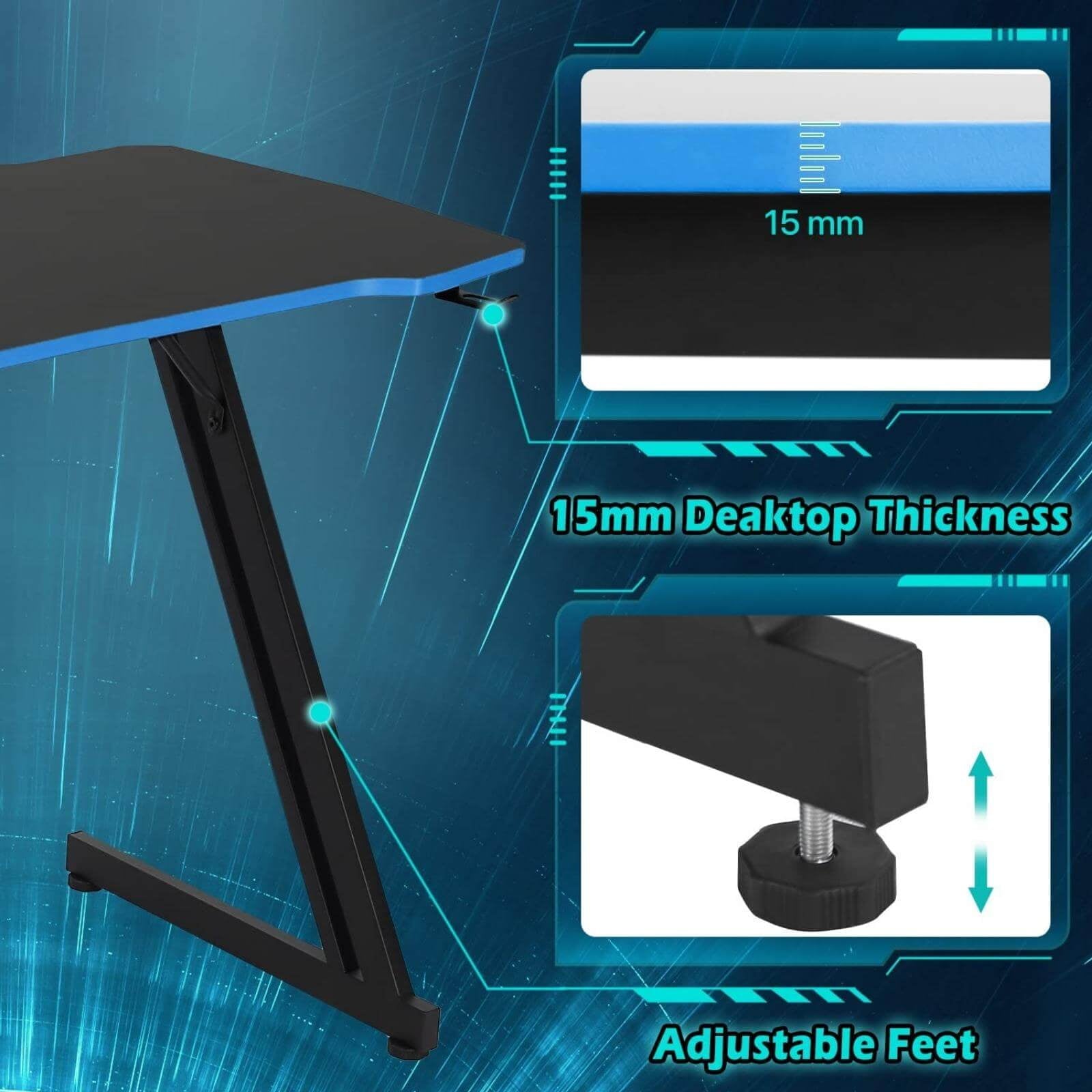 47" Z-Shaped Gaming Desk – Ergonomic PC Computer Table with Headphone Hook (Blue)