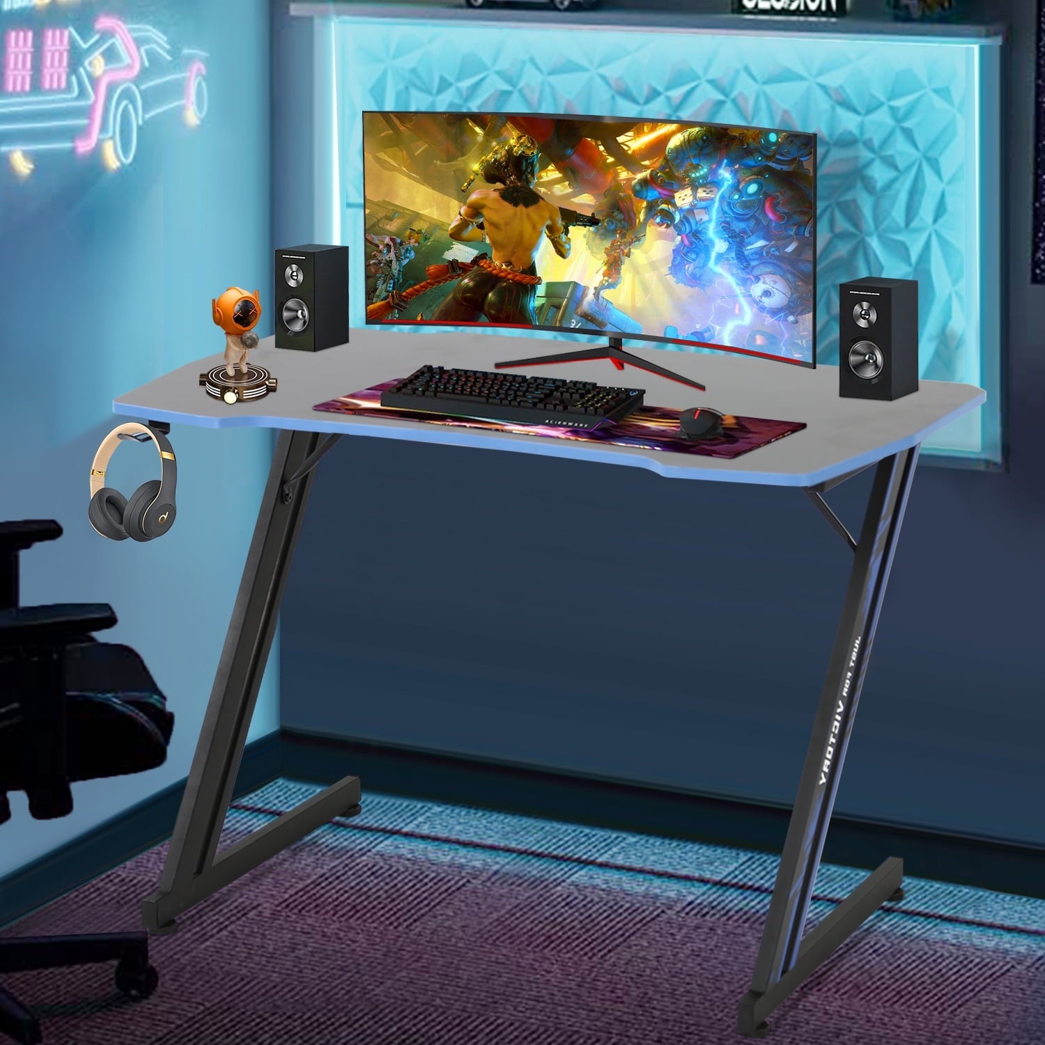 47" Z-Shaped Gaming Desk – Ergonomic PC Computer Table with Headphone Hook (Blue)