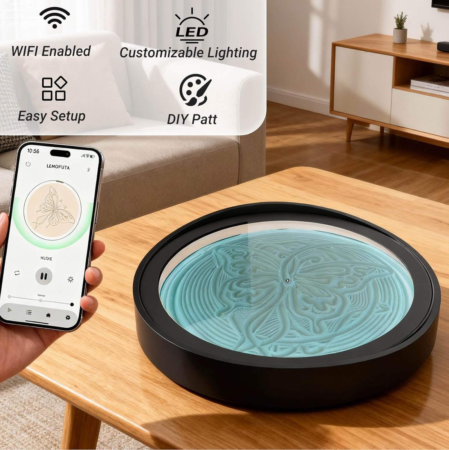 20" Zen Sand Art Display - App-Controlled Drift Sandscape with DIY Patterns & LED Lighting for Ultimate Relaxation and Meditation