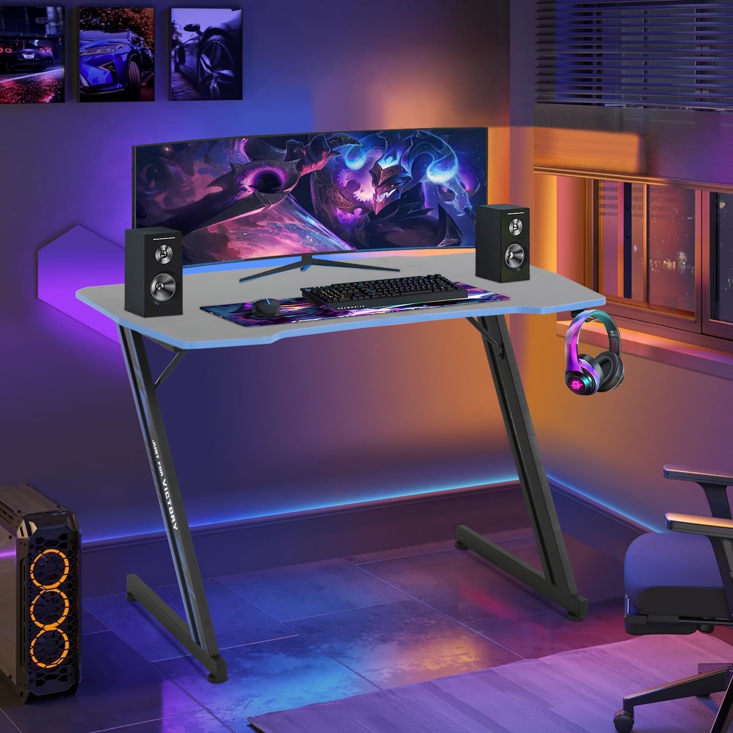 47" Z-Shaped Gaming Desk – Ergonomic PC Computer Table with Headphone Hook (Blue)