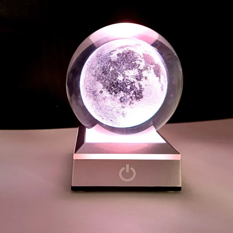 3D Planet Crystal Ball Night Light – Galaxy/Moon/Saturn Tabletop Décor Gift