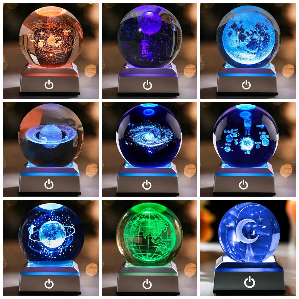 3D Planet Crystal Ball Night Light – Galaxy/Moon/Saturn Tabletop Décor Gift