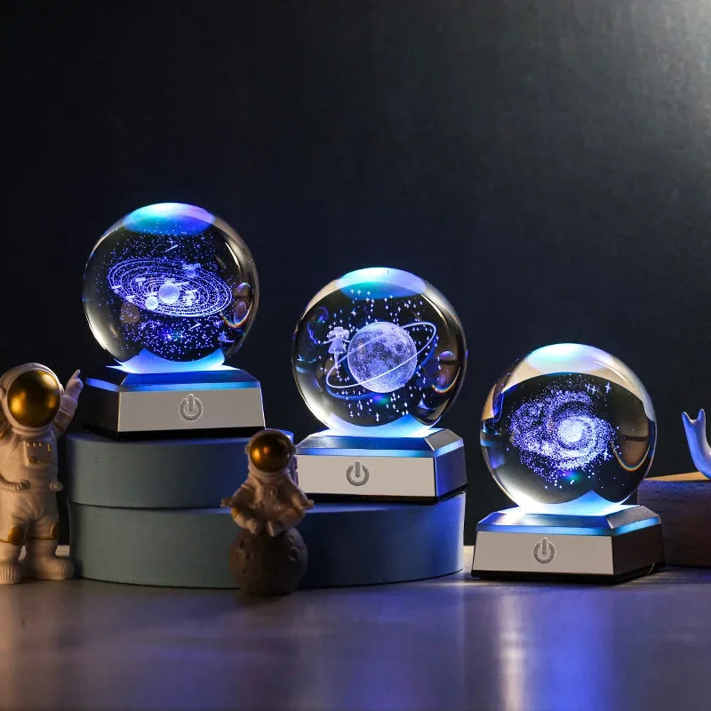 3D Planet Crystal Ball Night Light – Galaxy/Moon/Saturn Tabletop Décor Gift