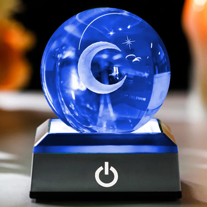 3D Planet Crystal Ball Night Light – Galaxy/Moon/Saturn Tabletop Décor Gift