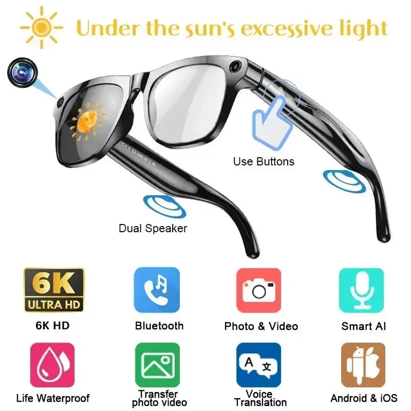 AI Smart Camera Glasses – HD Photochromic Lenses, Bluetooth Calling, Voice Assistant 