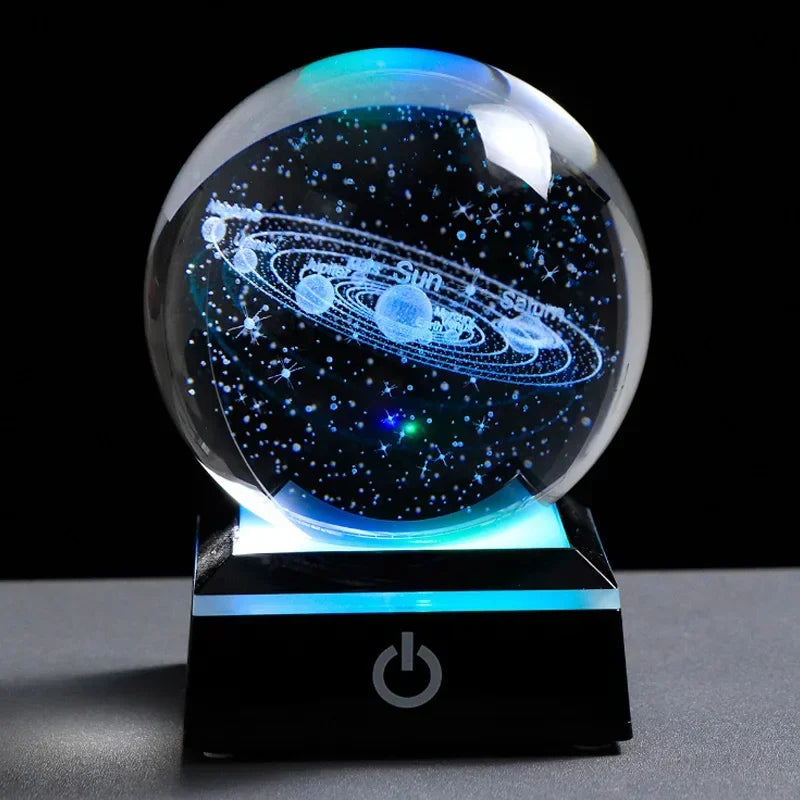 3D Planet Crystal Ball Night Light – Galaxy/Moon/Saturn Tabletop Décor Gift