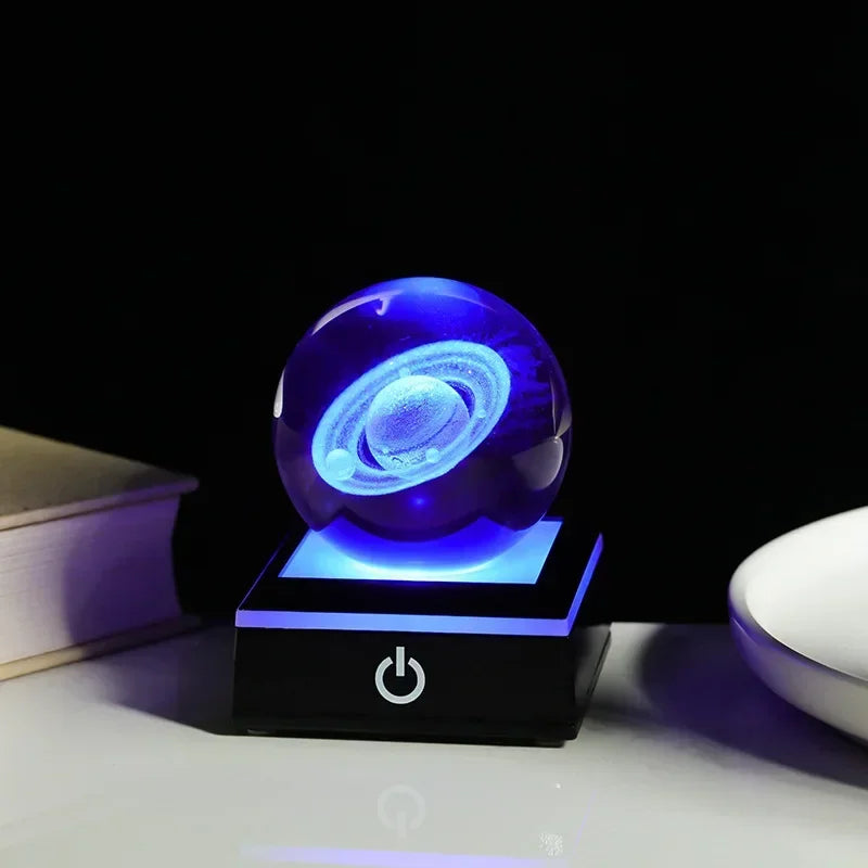 3D Planet Crystal Ball Night Light – Galaxy/Moon/Saturn Tabletop Décor Gift