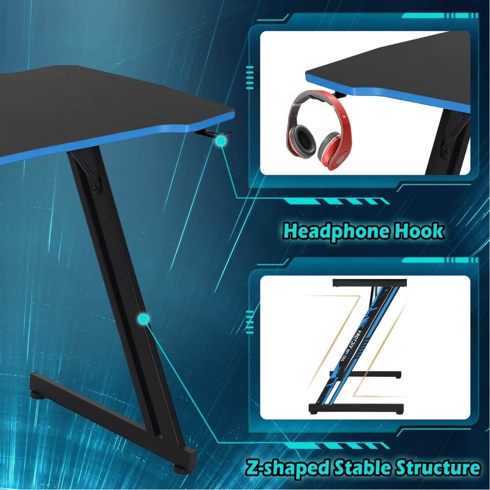 47" Z-Shaped Gaming Desk – Ergonomic PC Computer Table with Headphone Hook (Blue)