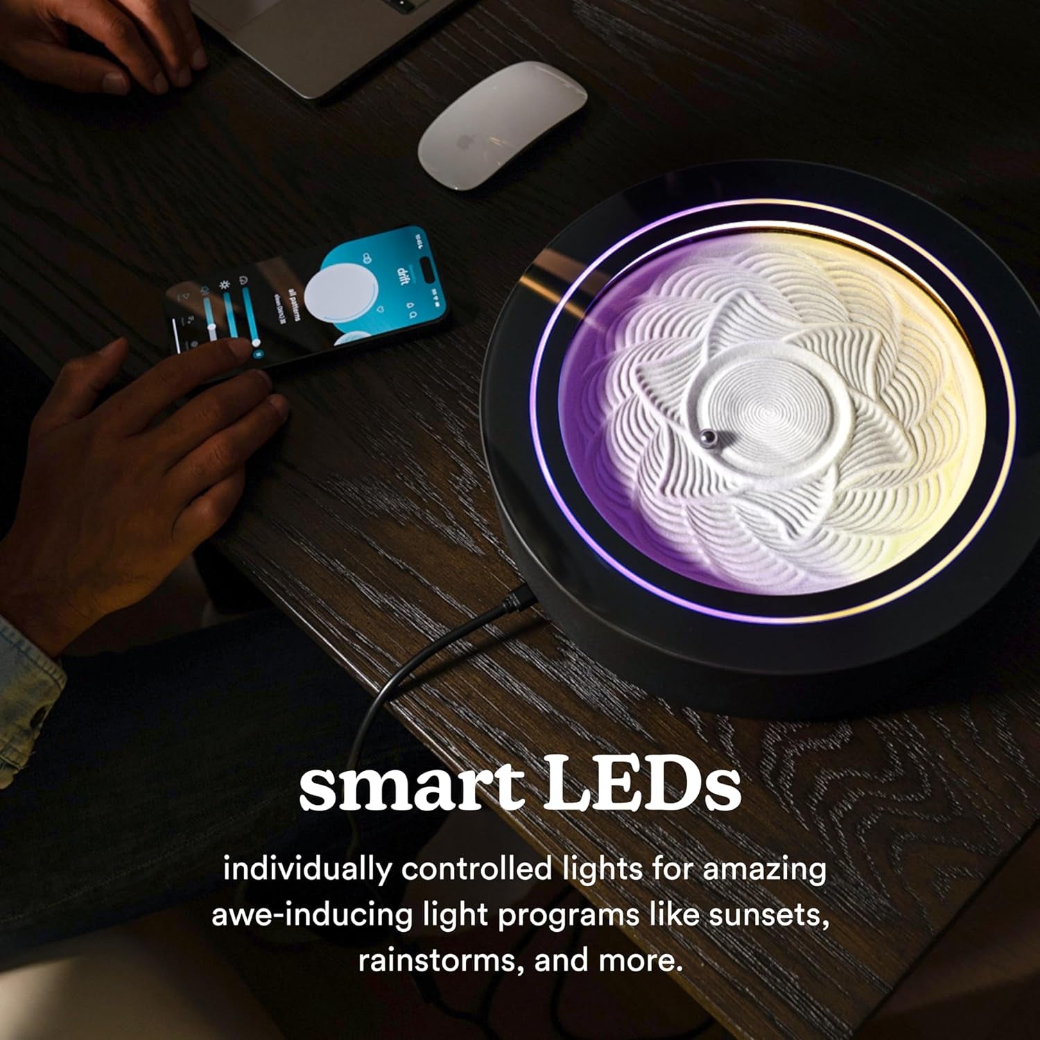 Transform Your Space with the 11” Wi-Fi Enabled Drift Sandscape - A Compact Zen Garden Featuring Smart LED Lighting for Meditation and Relaxation (Black)